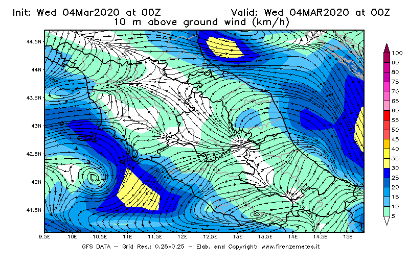 Mappa di analisi GFS - Velocità del vento a 10 metri dal suolo [km/h] in Centro-Italia
							del 04/03/2020 00 <!--googleoff: index-->UTC<!--googleon: index-->