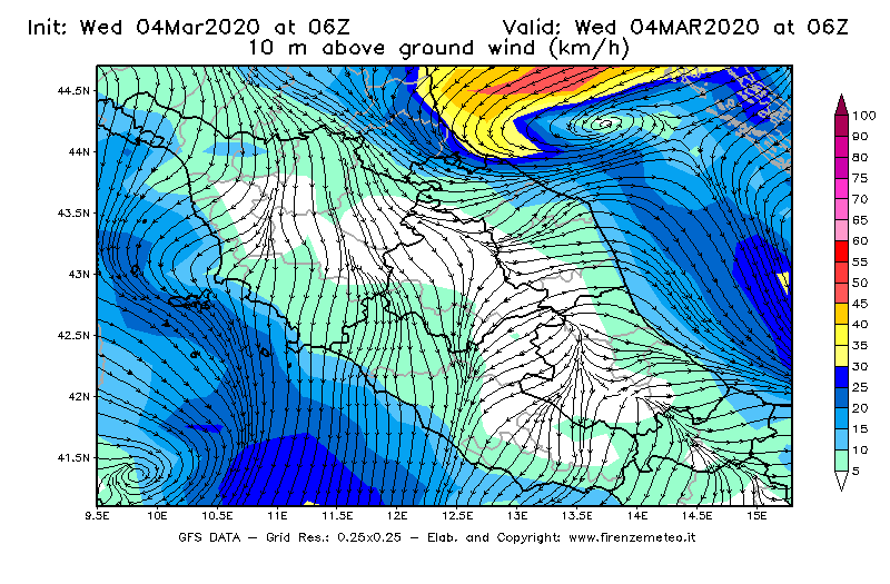 Mappa di analisi GFS - Velocità del vento a 10 metri dal suolo [km/h] in Centro-Italia
							del 04/03/2020 06 <!--googleoff: index-->UTC<!--googleon: index-->