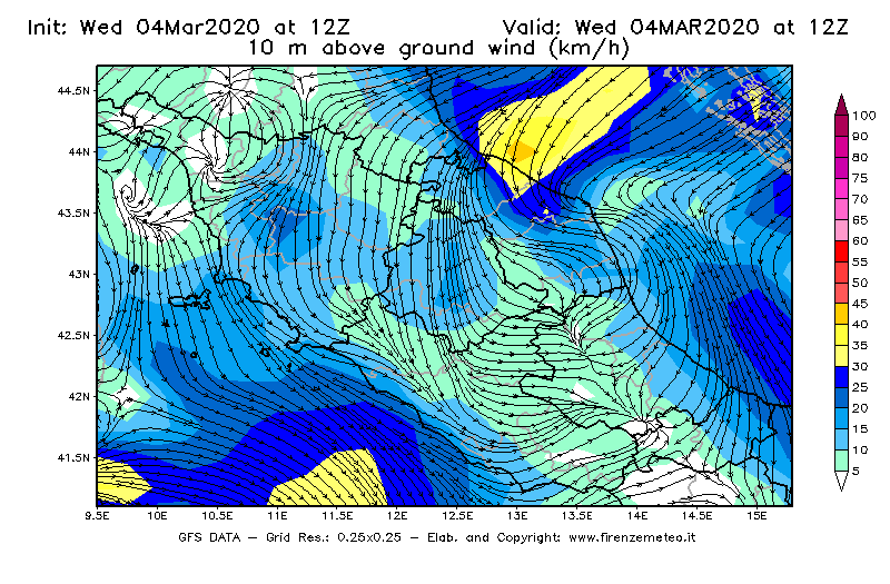 Mappa di analisi GFS - Velocità del vento a 10 metri dal suolo [km/h] in Centro-Italia
							del 04/03/2020 12 <!--googleoff: index-->UTC<!--googleon: index-->