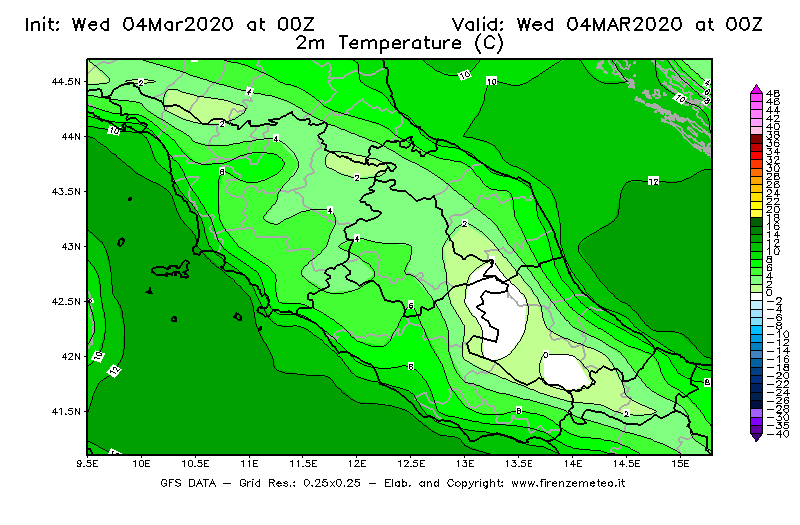 Mappa di analisi GFS - Temperatura a 2 metri dal suolo [°C] in Centro-Italia
							del 04/03/2020 00 <!--googleoff: index-->UTC<!--googleon: index-->