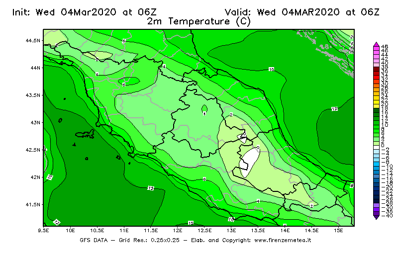 Mappa di analisi GFS - Temperatura a 2 metri dal suolo [°C] in Centro-Italia
							del 04/03/2020 06 <!--googleoff: index-->UTC<!--googleon: index-->