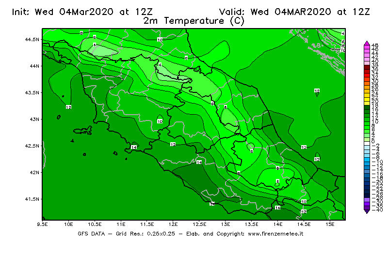 Mappa di analisi GFS - Temperatura a 2 metri dal suolo [°C] in Centro-Italia
							del 04/03/2020 12 <!--googleoff: index-->UTC<!--googleon: index-->