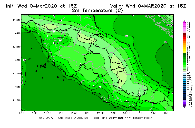Mappa di analisi GFS - Temperatura a 2 metri dal suolo [°C] in Centro-Italia
							del 04/03/2020 18 <!--googleoff: index-->UTC<!--googleon: index-->