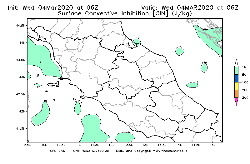 Mappa di analisi GFS - CIN [J/kg] in Centro-Italia
							del 04/03/2020 06 <!--googleoff: index-->UTC<!--googleon: index-->