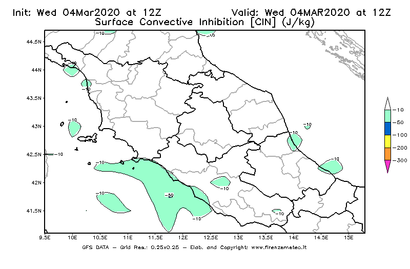 Mappa di analisi GFS - CIN [J/kg] in Centro-Italia
							del 04/03/2020 12 <!--googleoff: index-->UTC<!--googleon: index-->