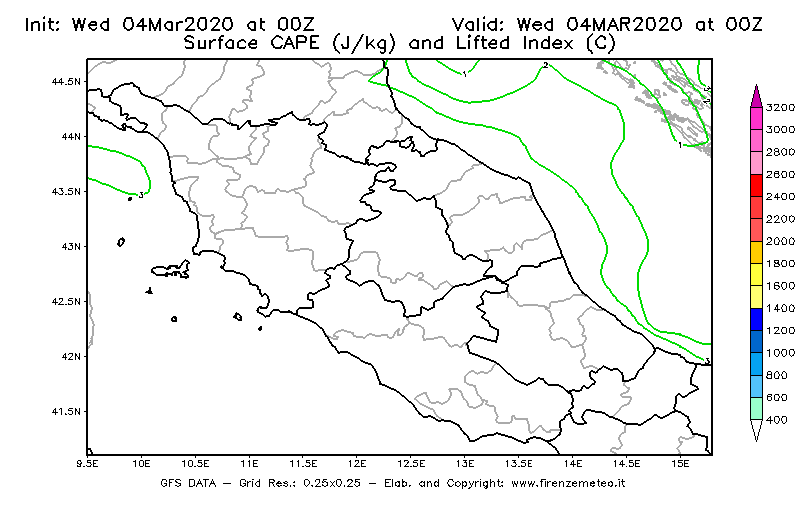 Mappa di analisi GFS - CAPE [J/kg] e Lifted Index [°C] in Centro-Italia
							del 04/03/2020 00 <!--googleoff: index-->UTC<!--googleon: index-->