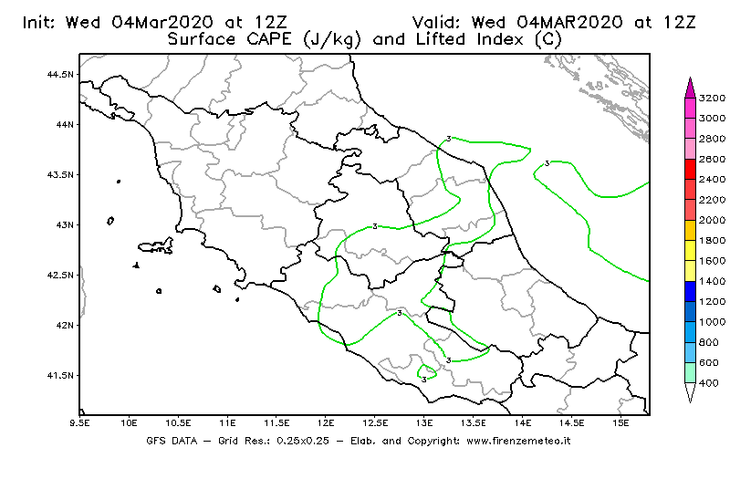 Mappa di analisi GFS - CAPE [J/kg] e Lifted Index [°C] in Centro-Italia
							del 04/03/2020 12 <!--googleoff: index-->UTC<!--googleon: index-->