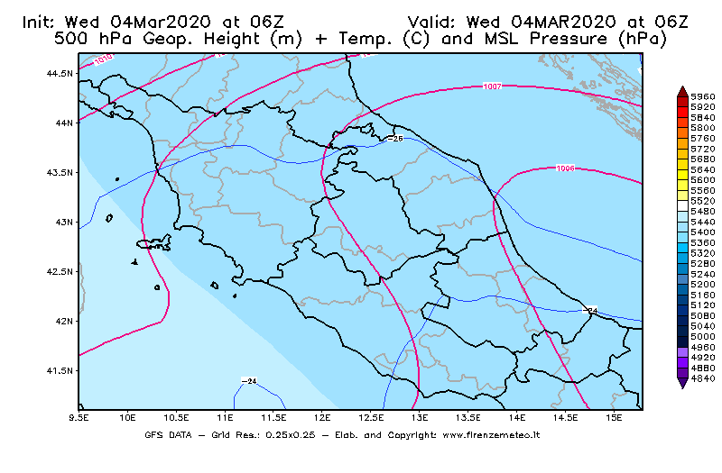 Mappa di analisi GFS - Geopotenziale [m] + Temp. [°C] a 500 hPa + Press. a livello del mare [hPa] in Centro-Italia
							del 04/03/2020 06 <!--googleoff: index-->UTC<!--googleon: index-->