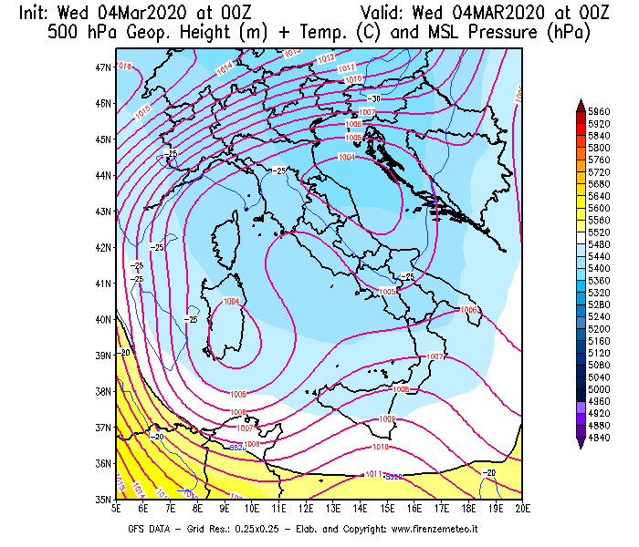 Mappa di analisi GFS - Geopotenziale [m] + Temp. [°C] a 500 hPa + Press. a livello del mare [hPa] in Italia
							del 04/03/2020 00 <!--googleoff: index-->UTC<!--googleon: index-->