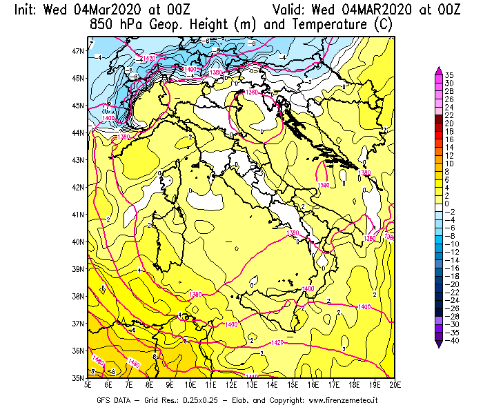 Mappa di analisi GFS - Geopotenziale [m] e Temperatura [°C] a 850 hPa in Italia
							del 04/03/2020 00 <!--googleoff: index-->UTC<!--googleon: index-->