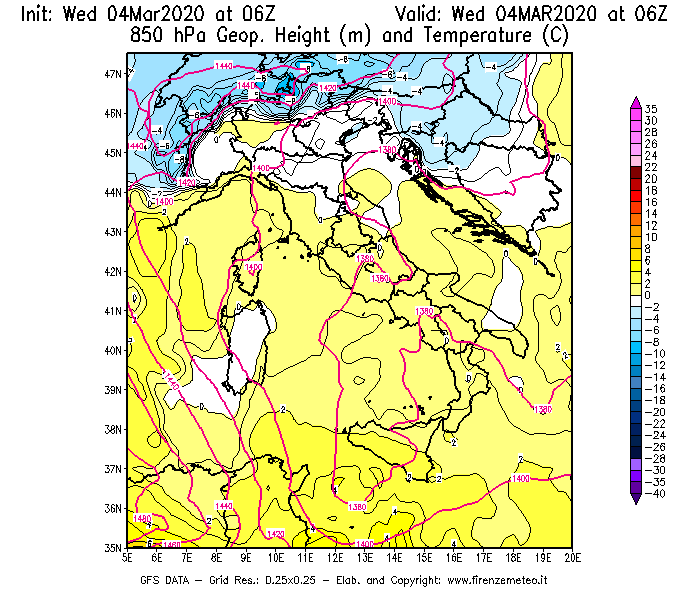 Mappa di analisi GFS - Geopotenziale [m] e Temperatura [°C] a 850 hPa in Italia
							del 04/03/2020 06 <!--googleoff: index-->UTC<!--googleon: index-->