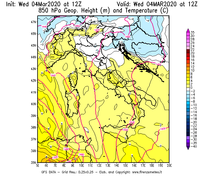 Mappa di analisi GFS - Geopotenziale [m] e Temperatura [°C] a 850 hPa in Italia
							del 04/03/2020 12 <!--googleoff: index-->UTC<!--googleon: index-->