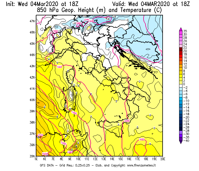 Mappa di analisi GFS - Geopotenziale [m] e Temperatura [°C] a 850 hPa in Italia
							del 04/03/2020 18 <!--googleoff: index-->UTC<!--googleon: index-->