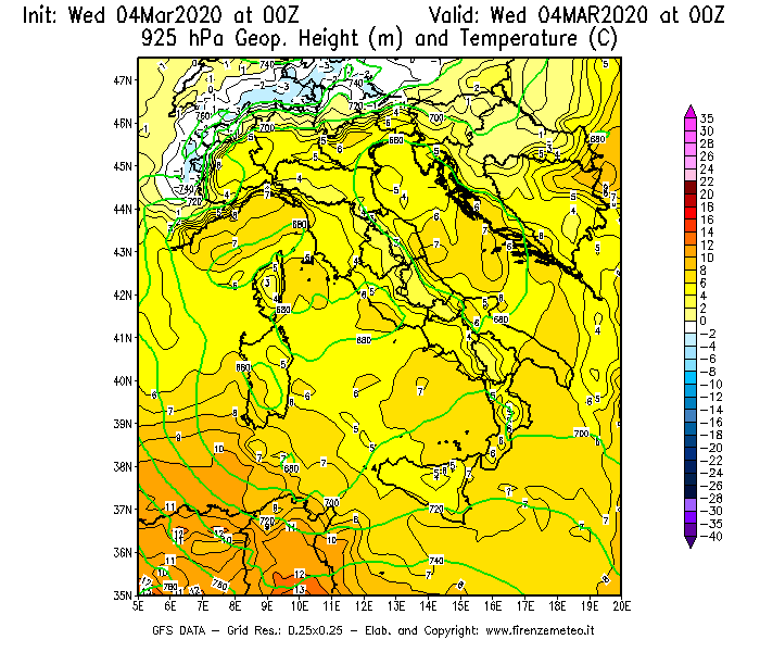 Mappa di analisi GFS - Geopotenziale [m] e Temperatura [°C] a 925 hPa in Italia
							del 04/03/2020 00 <!--googleoff: index-->UTC<!--googleon: index-->
