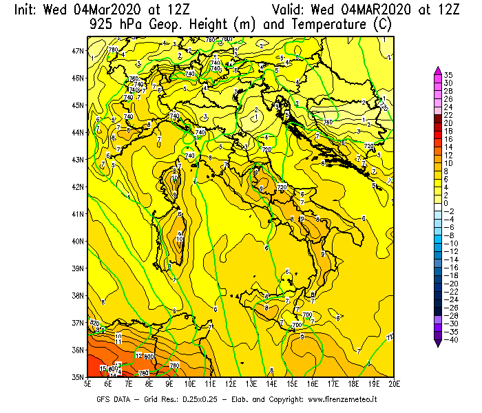 Mappa di analisi GFS - Geopotenziale [m] e Temperatura [°C] a 925 hPa in Italia
							del 04/03/2020 12 <!--googleoff: index-->UTC<!--googleon: index-->