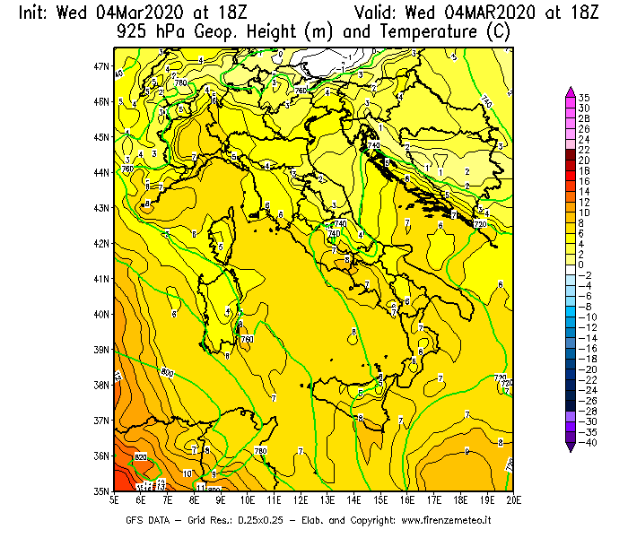 Mappa di analisi GFS - Geopotenziale [m] e Temperatura [°C] a 925 hPa in Italia
							del 04/03/2020 18 <!--googleoff: index-->UTC<!--googleon: index-->