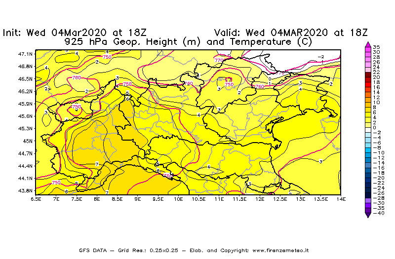 Mappa di analisi GFS - Geopotenziale [m] e Temperatura [°C] a 925 hPa in Nord-Italia
							del 04/03/2020 18 <!--googleoff: index-->UTC<!--googleon: index-->