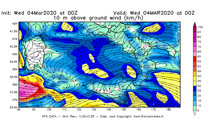 Mappa di analisi GFS - Velocità del vento a 10 metri dal suolo [km/h] in Sud-Italia
							del 04/03/2020 00 <!--googleoff: index-->UTC<!--googleon: index-->