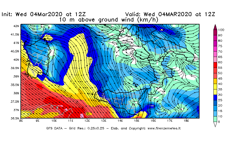 Mappa di analisi GFS - Velocità del vento a 10 metri dal suolo [km/h] in Sud-Italia
							del 04/03/2020 12 <!--googleoff: index-->UTC<!--googleon: index-->