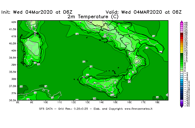 Mappa di analisi GFS - Temperatura a 2 metri dal suolo [°C] in Sud-Italia
							del 04/03/2020 06 <!--googleoff: index-->UTC<!--googleon: index-->