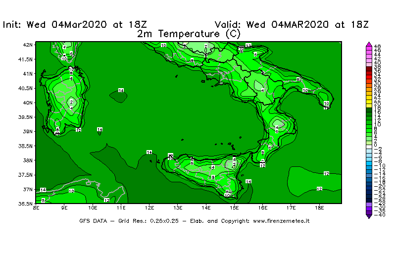 Mappa di analisi GFS - Temperatura a 2 metri dal suolo [°C] in Sud-Italia
							del 04/03/2020 18 <!--googleoff: index-->UTC<!--googleon: index-->