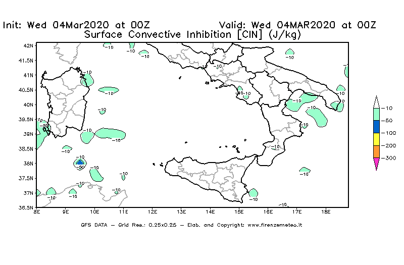 Mappa di analisi GFS - CIN [J/kg] in Sud-Italia
							del 04/03/2020 00 <!--googleoff: index-->UTC<!--googleon: index-->