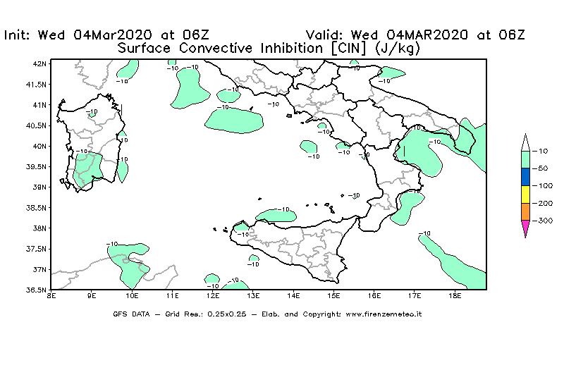 Mappa di analisi GFS - CIN [J/kg] in Sud-Italia
							del 04/03/2020 06 <!--googleoff: index-->UTC<!--googleon: index-->
