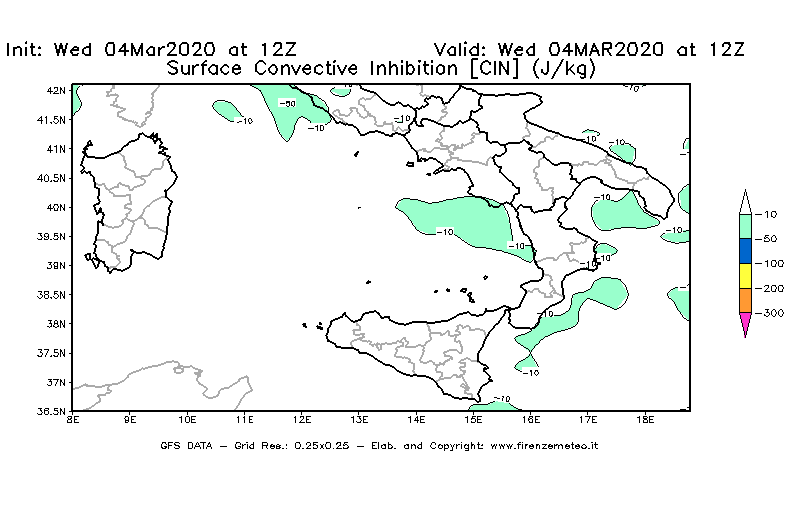 Mappa di analisi GFS - CIN [J/kg] in Sud-Italia
							del 04/03/2020 12 <!--googleoff: index-->UTC<!--googleon: index-->