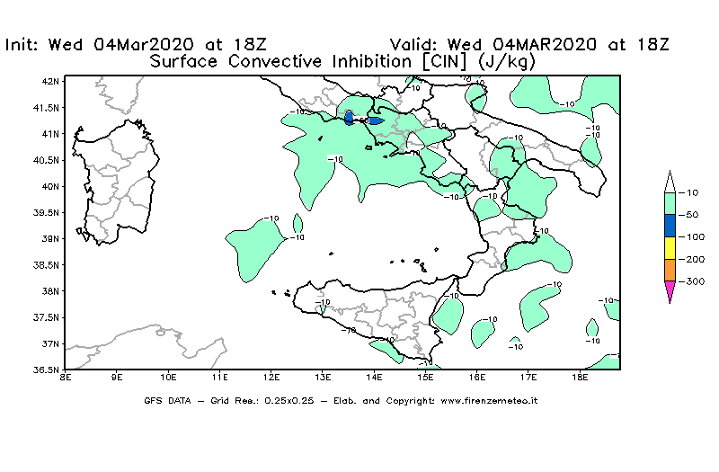 Mappa di analisi GFS - CIN [J/kg] in Sud-Italia
							del 04/03/2020 18 <!--googleoff: index-->UTC<!--googleon: index-->