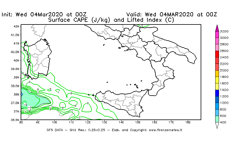 Mappa di analisi GFS - CAPE [J/kg] e Lifted Index [°C] in Sud-Italia
							del 04/03/2020 00 <!--googleoff: index-->UTC<!--googleon: index-->