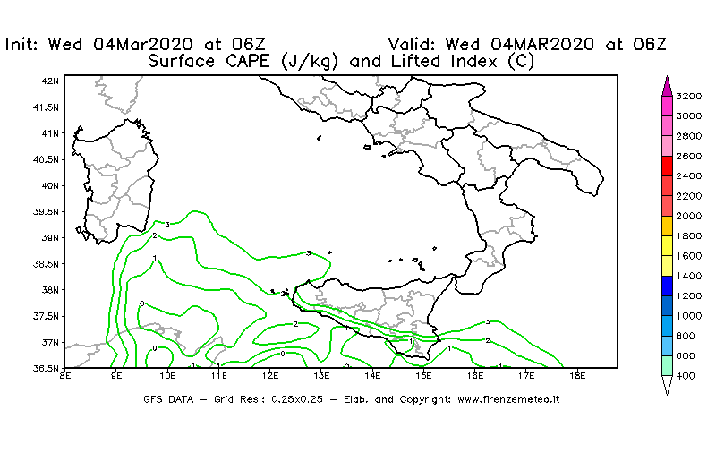 Mappa di analisi GFS - CAPE [J/kg] e Lifted Index [°C] in Sud-Italia
							del 04/03/2020 06 <!--googleoff: index-->UTC<!--googleon: index-->
