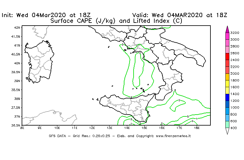Mappa di analisi GFS - CAPE [J/kg] e Lifted Index [°C] in Sud-Italia
							del 04/03/2020 18 <!--googleoff: index-->UTC<!--googleon: index-->