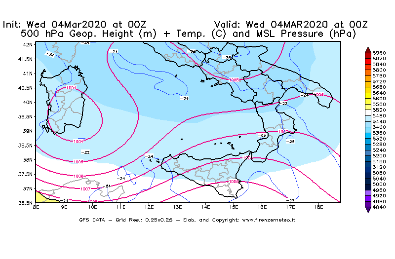 Mappa di analisi GFS - Geopotenziale [m] + Temp. [°C] a 500 hPa + Press. a livello del mare [hPa] in Sud-Italia
							del 04/03/2020 00 <!--googleoff: index-->UTC<!--googleon: index-->