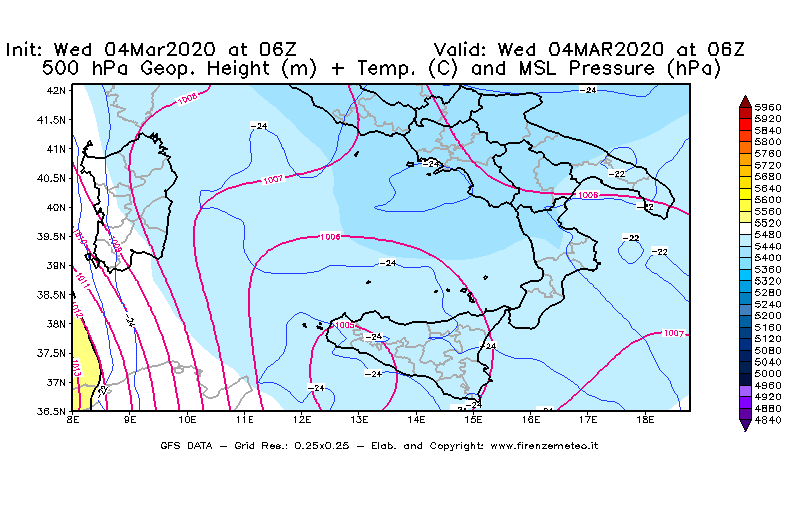 Mappa di analisi GFS - Geopotenziale [m] + Temp. [°C] a 500 hPa + Press. a livello del mare [hPa] in Sud-Italia
							del 04/03/2020 06 <!--googleoff: index-->UTC<!--googleon: index-->