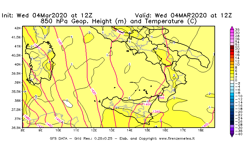 Mappa di analisi GFS - Geopotenziale [m] e Temperatura [°C] a 850 hPa in Sud-Italia
							del 04/03/2020 12 <!--googleoff: index-->UTC<!--googleon: index-->