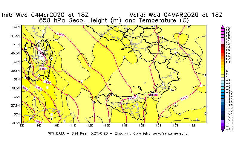 Mappa di analisi GFS - Geopotenziale [m] e Temperatura [°C] a 850 hPa in Sud-Italia
							del 04/03/2020 18 <!--googleoff: index-->UTC<!--googleon: index-->