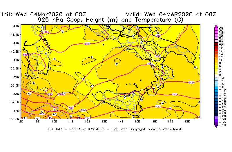 Mappa di analisi GFS - Geopotenziale [m] e Temperatura [°C] a 925 hPa in Sud-Italia
							del 04/03/2020 00 <!--googleoff: index-->UTC<!--googleon: index-->