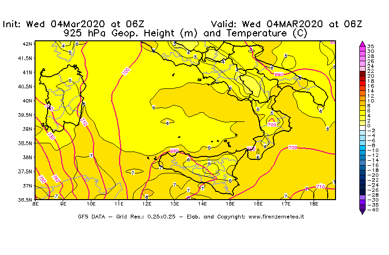 Mappa di analisi GFS - Geopotenziale [m] e Temperatura [°C] a 925 hPa in Sud-Italia
							del 04/03/2020 06 <!--googleoff: index-->UTC<!--googleon: index-->
