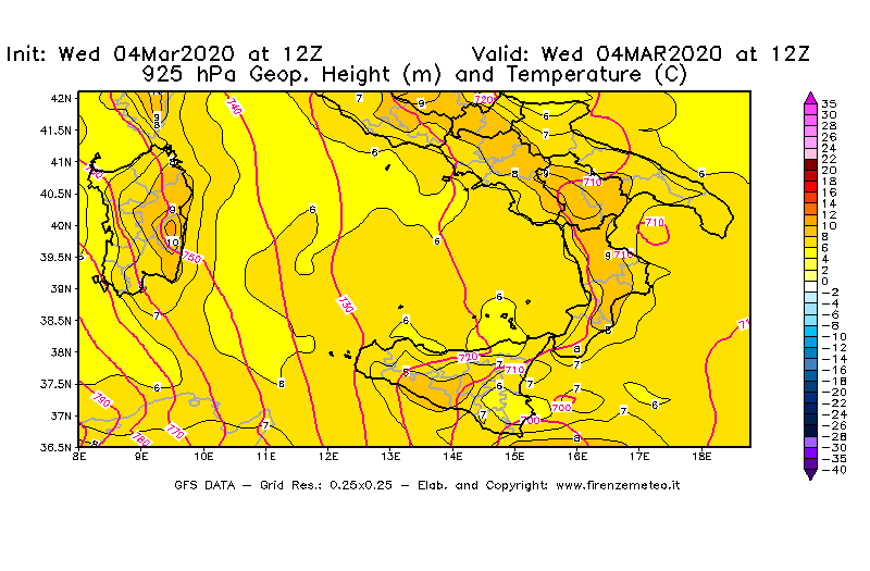 Mappa di analisi GFS - Geopotenziale [m] e Temperatura [°C] a 925 hPa in Sud-Italia
							del 04/03/2020 12 <!--googleoff: index-->UTC<!--googleon: index-->