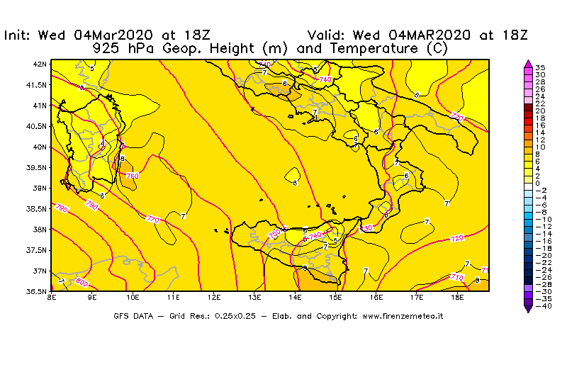 Mappa di analisi GFS - Geopotenziale [m] e Temperatura [°C] a 925 hPa in Sud-Italia
							del 04/03/2020 18 <!--googleoff: index-->UTC<!--googleon: index-->