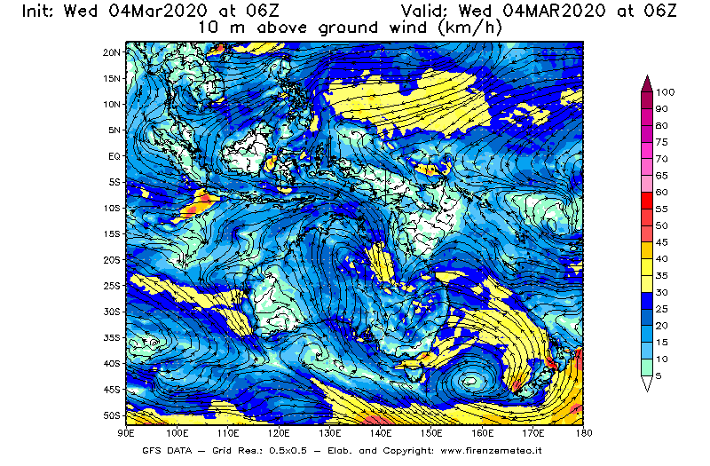 Mappa di analisi GFS - Velocità del vento a 10 metri dal suolo [km/h] in Oceania
							del 04/03/2020 06 <!--googleoff: index-->UTC<!--googleon: index-->