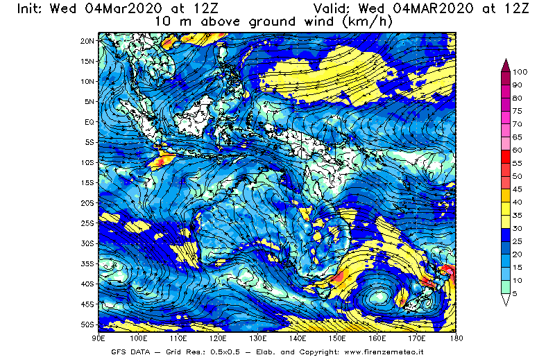 Mappa di analisi GFS - Velocità del vento a 10 metri dal suolo [km/h] in Oceania
							del 04/03/2020 12 <!--googleoff: index-->UTC<!--googleon: index-->
