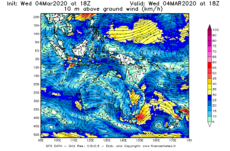 Mappa di analisi GFS - Velocità del vento a 10 metri dal suolo [km/h] in Oceania
							del 04/03/2020 18 <!--googleoff: index-->UTC<!--googleon: index-->