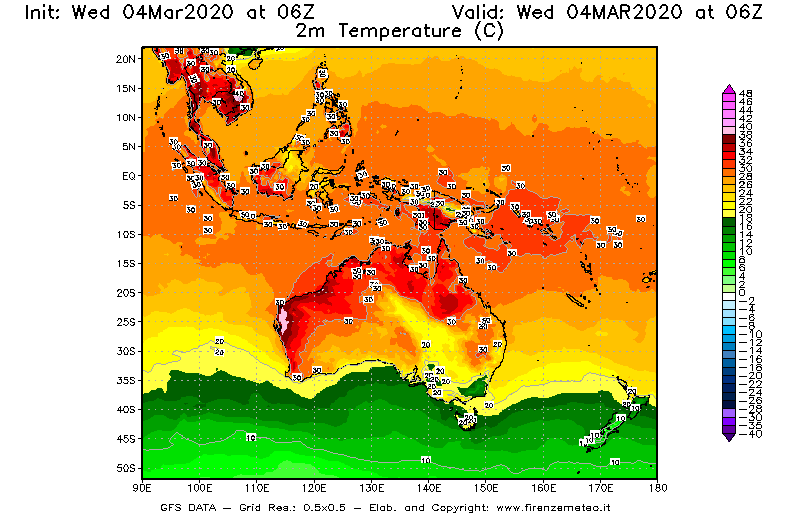 Mappa di analisi GFS - Temperatura a 2 metri dal suolo [°C] in Oceania
							del 04/03/2020 06 <!--googleoff: index-->UTC<!--googleon: index-->