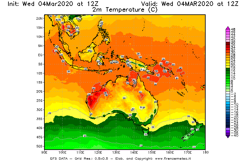 Mappa di analisi GFS - Temperatura a 2 metri dal suolo [°C] in Oceania
							del 04/03/2020 12 <!--googleoff: index-->UTC<!--googleon: index-->