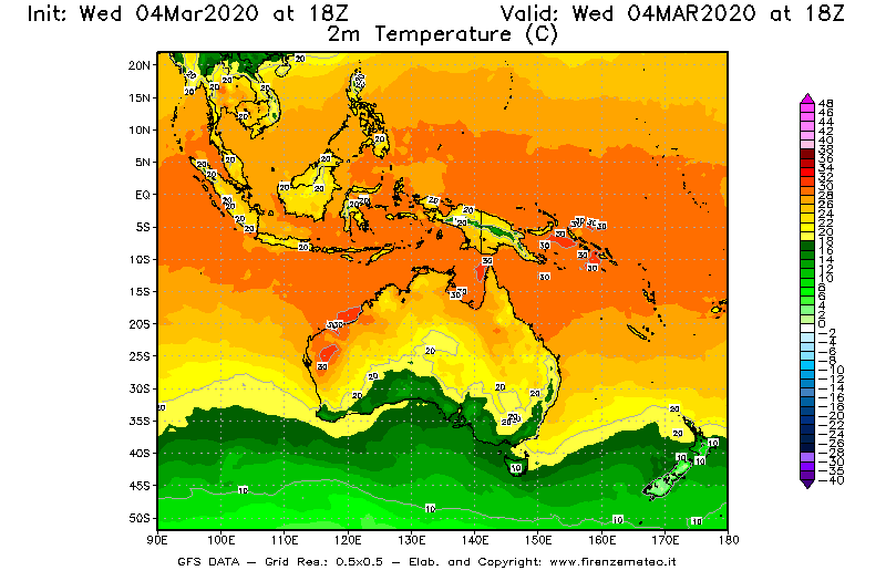 Mappa di analisi GFS - Temperatura a 2 metri dal suolo [°C] in Oceania
							del 04/03/2020 18 <!--googleoff: index-->UTC<!--googleon: index-->