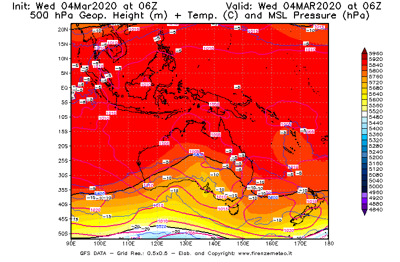 Mappa di analisi GFS - Geopotenziale [m] + Temp. [°C] a 500 hPa + Press. a livello del mare [hPa] in Oceania
							del 04/03/2020 06 <!--googleoff: index-->UTC<!--googleon: index-->
