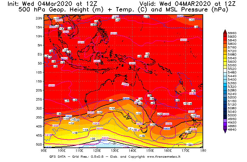 Mappa di analisi GFS - Geopotenziale [m] + Temp. [°C] a 500 hPa + Press. a livello del mare [hPa] in Oceania
							del 04/03/2020 12 <!--googleoff: index-->UTC<!--googleon: index-->