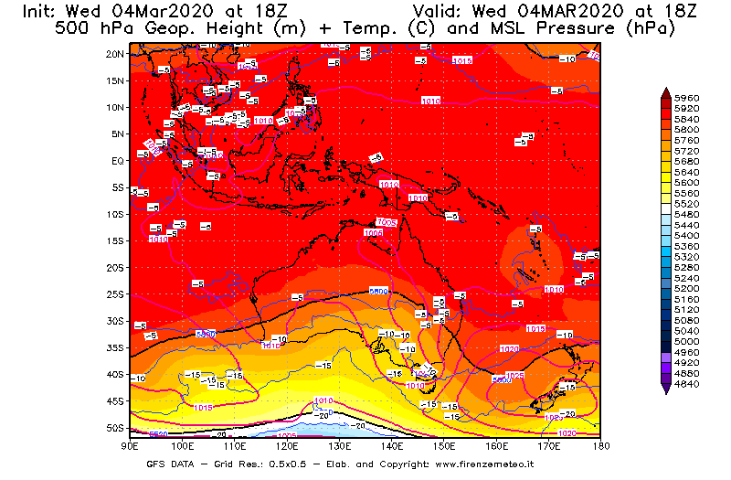 Mappa di analisi GFS - Geopotenziale [m] + Temp. [°C] a 500 hPa + Press. a livello del mare [hPa] in Oceania
							del 04/03/2020 18 <!--googleoff: index-->UTC<!--googleon: index-->