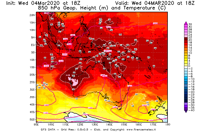 Mappa di analisi GFS - Geopotenziale [m] e Temperatura [°C] a 850 hPa in Oceania
							del 04/03/2020 18 <!--googleoff: index-->UTC<!--googleon: index-->